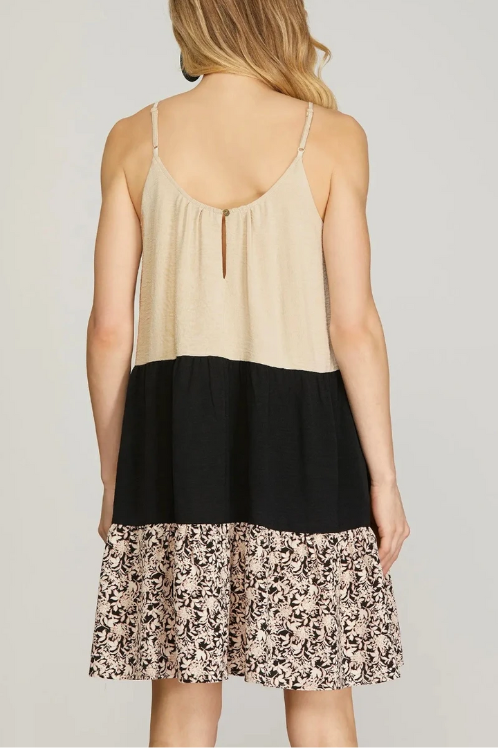 TIERED STRAP COLOR BLOCK WOVEN MINI DRESS