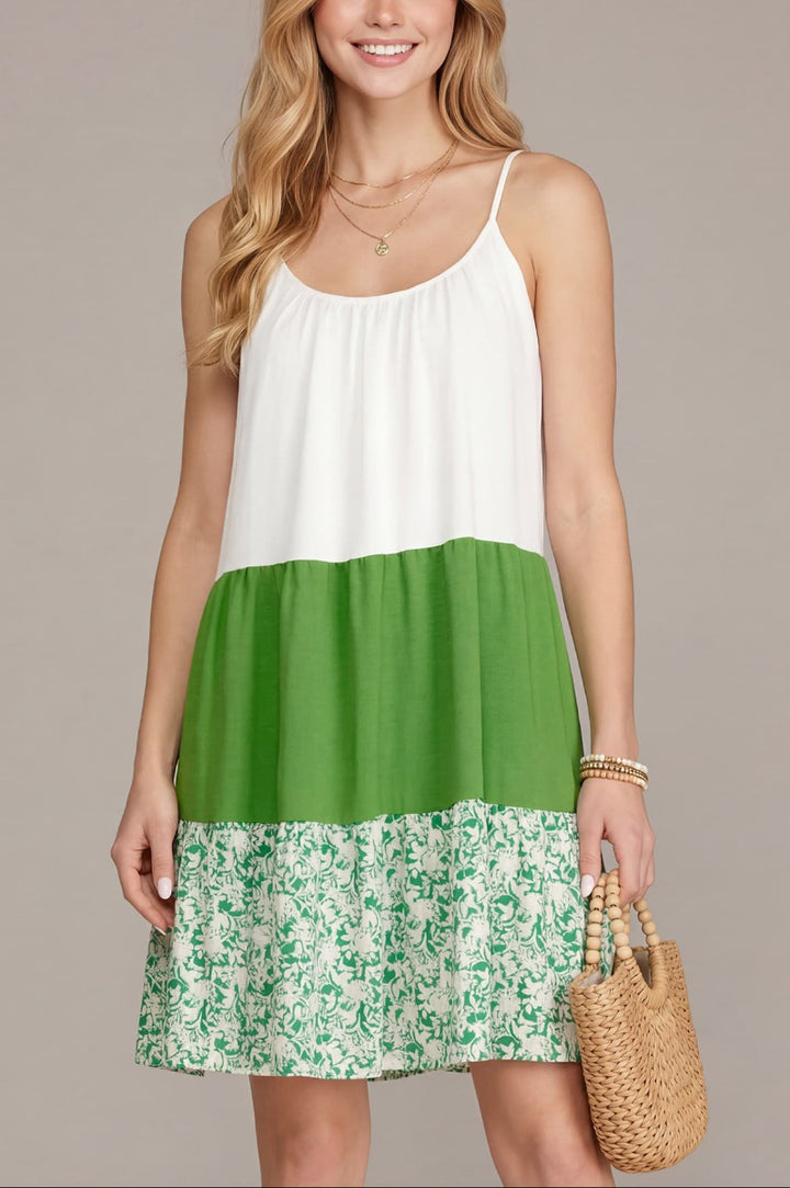 TIERED STRAP COLOR BLOCK WOVEN MINI DRESS