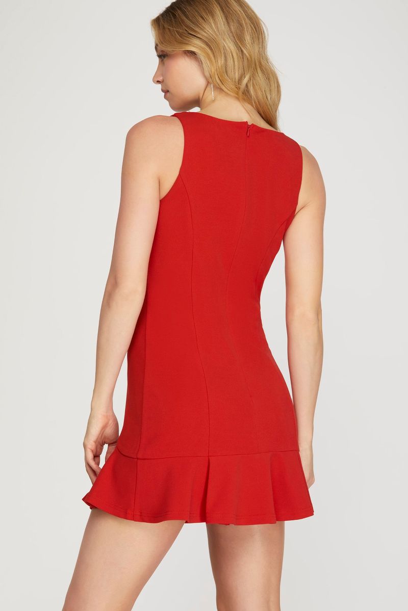 RED PLEATED HEAVY KNIT SKIRT HEM MINI DRESS SKSY6567