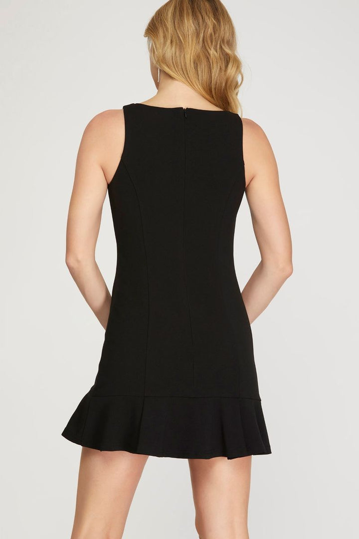 BLACK PLEATED HEAVY KNIT SKIRT HEM MINI DRESS SKSY6567