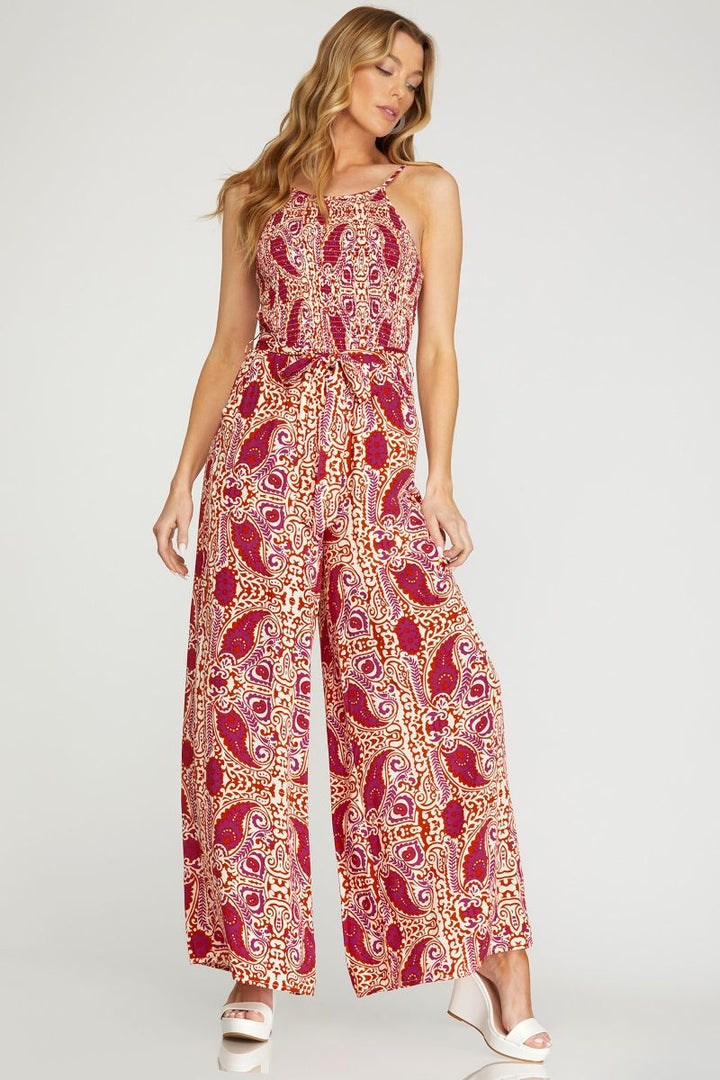 FUCHSIA SMOCKED TUBE WAIST TIE WOVEN JUMPSUIT SKSY6556