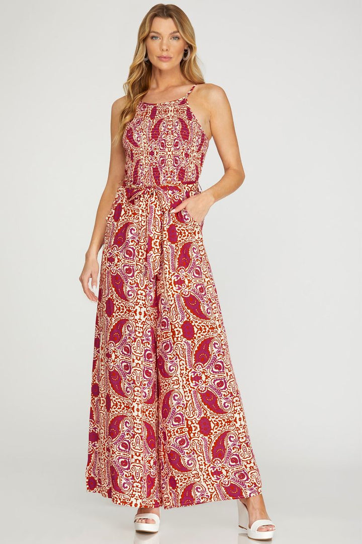 FUCHSIA SMOCKED TUBE WAIST TIE WOVEN JUMPSUIT SKSY6556