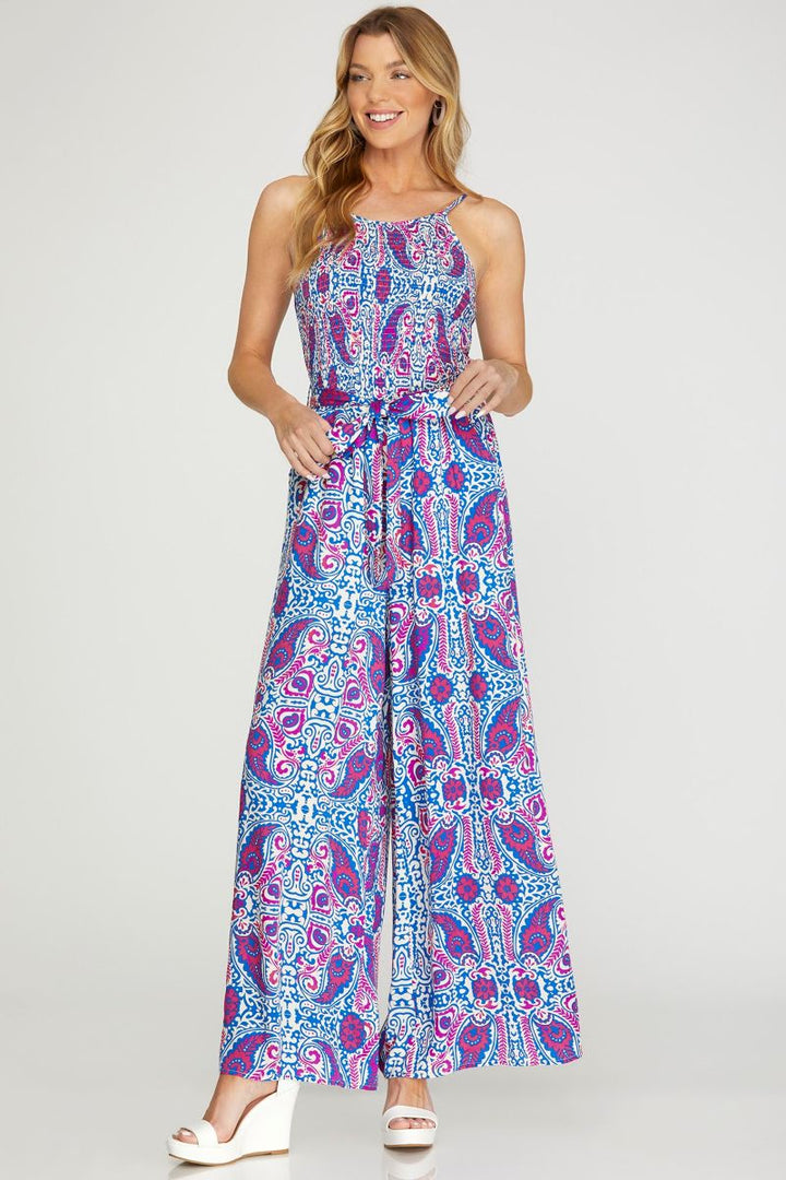 BLUE SMOCKED TUBE WAIST TIE WOVEN JUMPSUIT SKSY6556