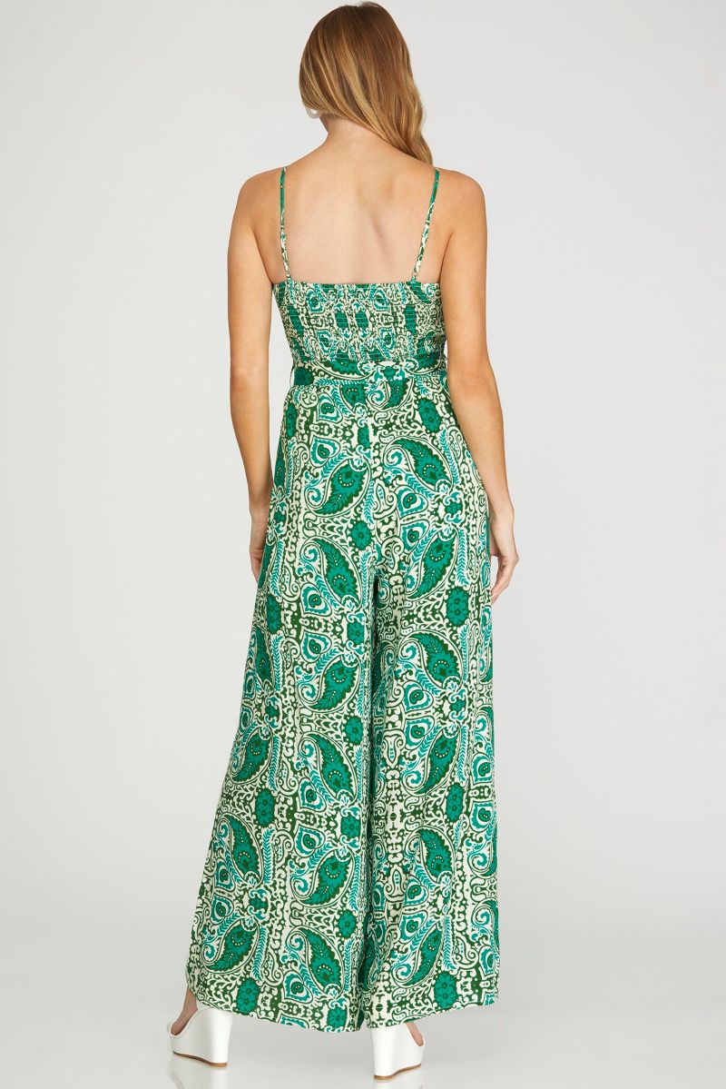 GREEN SMOCKED TUBE WAIST TIE WOVEN JUMPSUIT SKSY6556