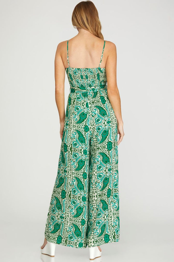 GREEN SMOCKED TUBE WAIST TIE WOVEN JUMPSUIT SKSY6556