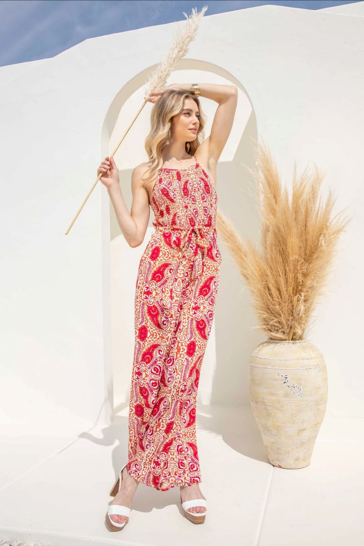 FUCHSIA SMOCKED TUBE WAIST TIE WOVEN JUMPSUIT SKSY6556