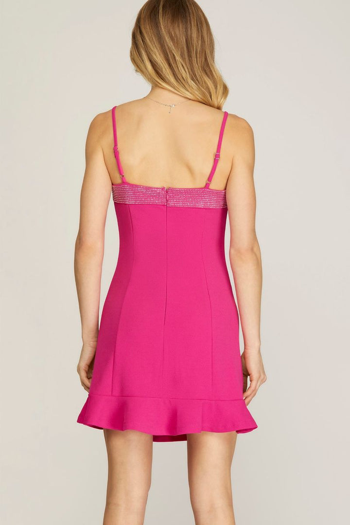 HOT PINK STRAP HEAVY KNIT RHINESTONE DETAILED MINI DRESS