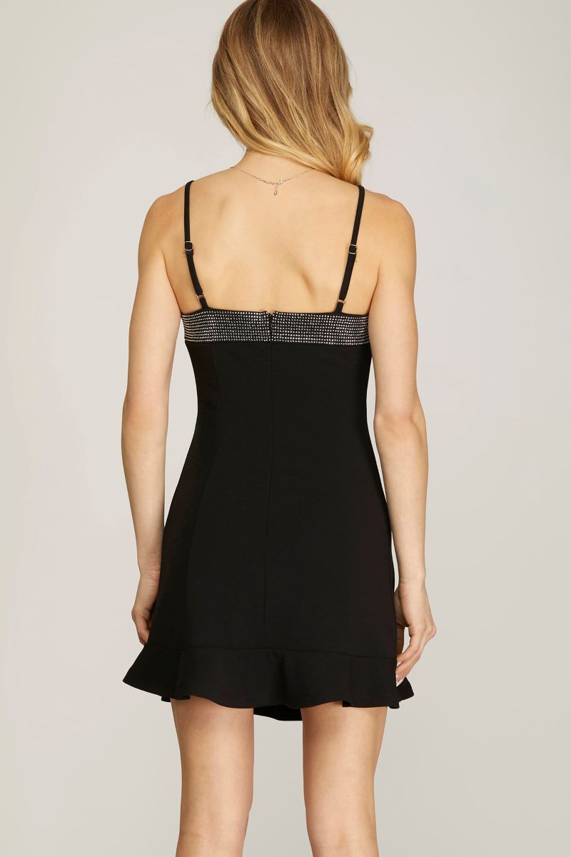 BLACK STRAP HEAVY KNIT RHINESTONE DETAILED MINI DRESS