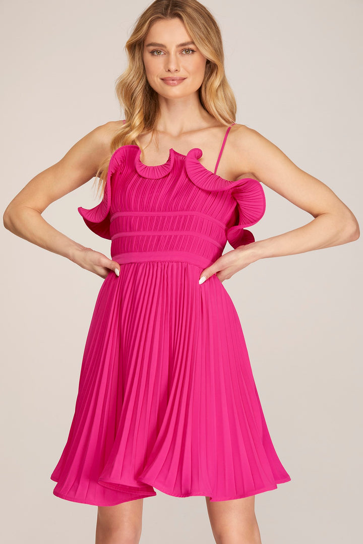 SLEEVELESS PLEATED WOVEN DRESS WITH RUFFLE