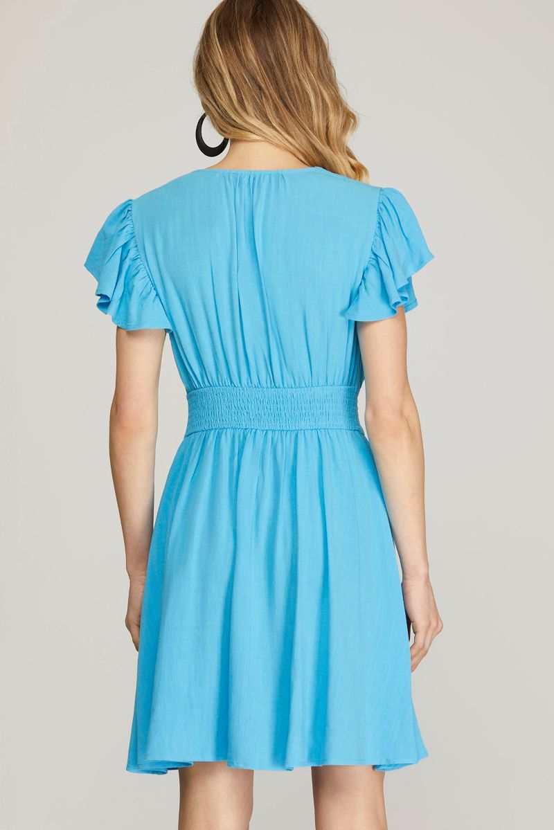 AQUA FLUTTER SLEEVES BUTTON UP W/ POCKETS WOVEN MINI DRESS SKSY6460