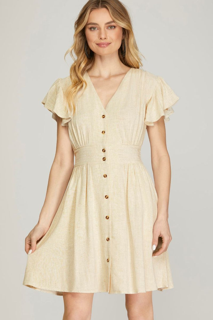 NATURAL FLUTTER SLEEVES BUTTON UP W/ POCKETS WOVEN MINI DRESS SKSY6460