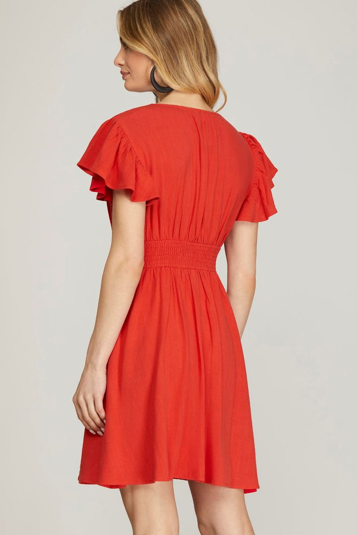 RED FLUTTER SLEEVES BUTTON UP W/ POCKETS WOVEN MINI DRESS SKSY6460