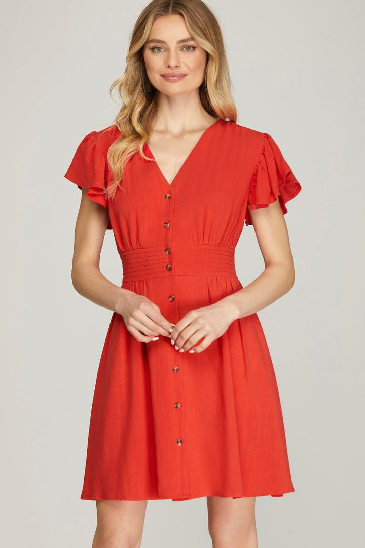 RED FLUTTER SLEEVES BUTTON UP W/ POCKETS WOVEN MINI DRESS SKSY6460