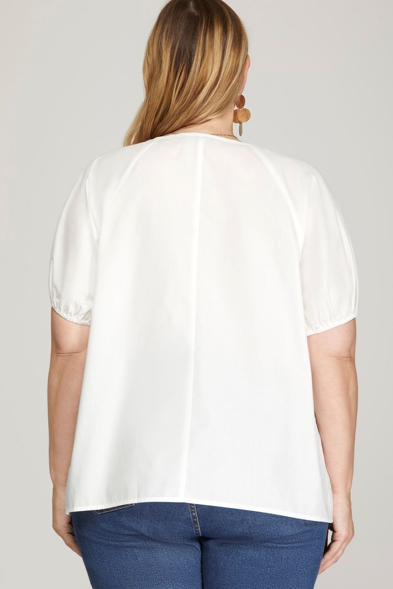 OFF WHITE TEXTURED PLEATED V-NECK POPLIN PLUS SIZE TOP