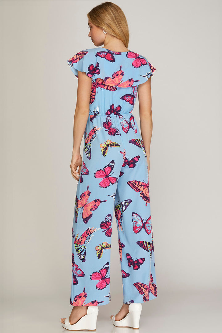 PINK RUFFLED SLEEVES BUTTERFLY PRINT WOVEN JUMPSUIT