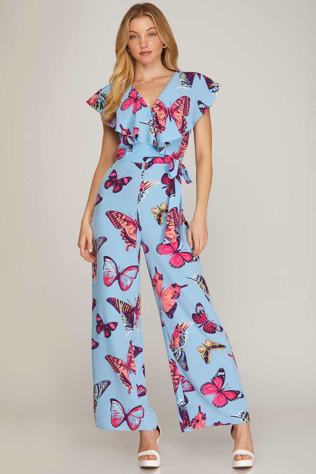 PINK RUFFLED SLEEVES BUTTERFLY PRINT WOVEN JUMPSUIT