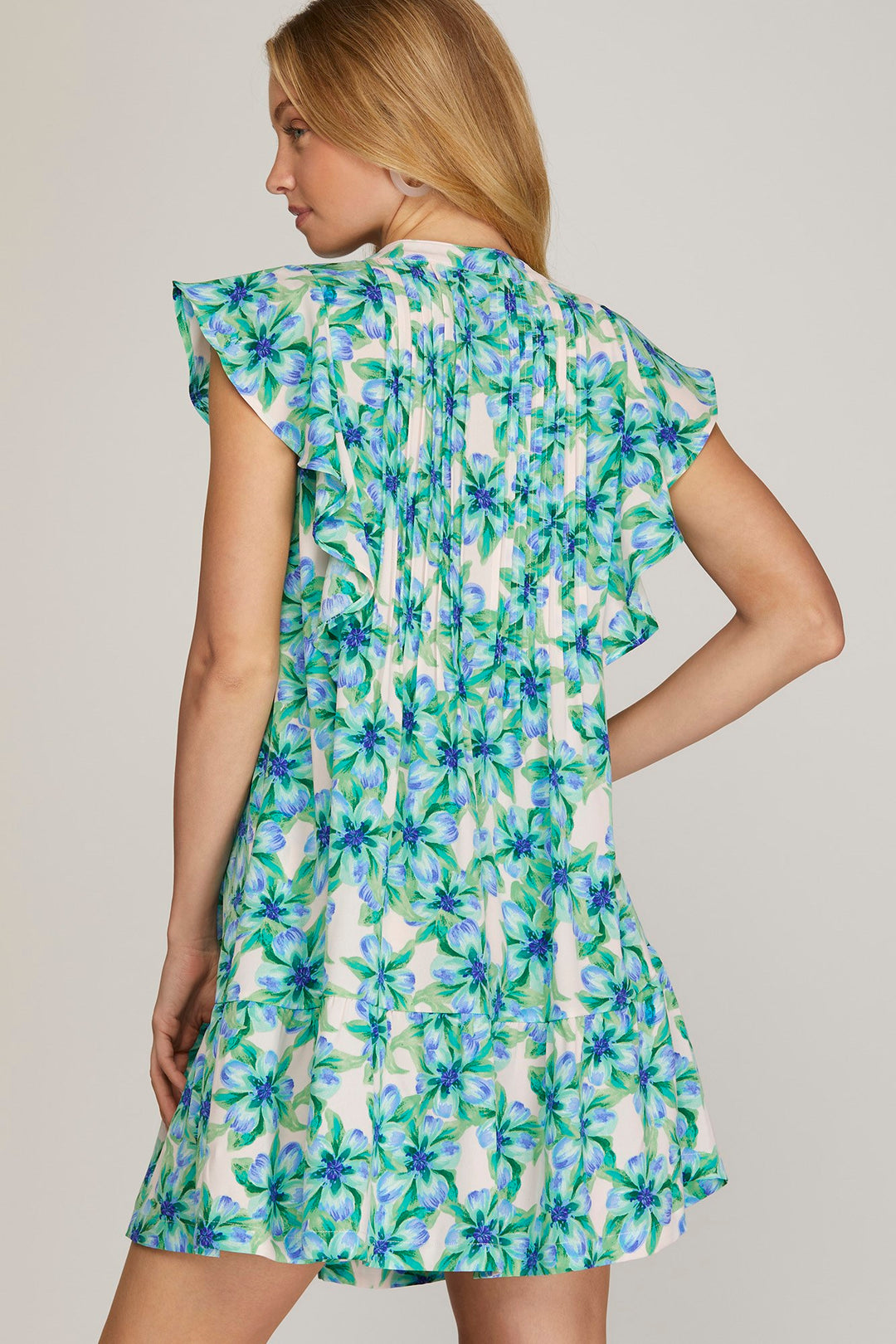 RUFFLED SLEEVE WOVEN FLORAL PRINT PINTUCK DRESS WITH SIDE POCKETS