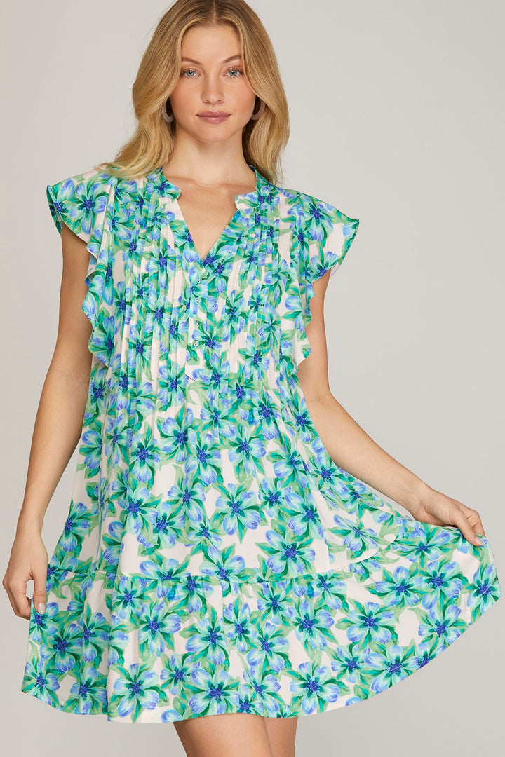 RUFFLED SLEEVE WOVEN FLORAL PRINT PINTUCK DRESS WITH SIDE POCKETS