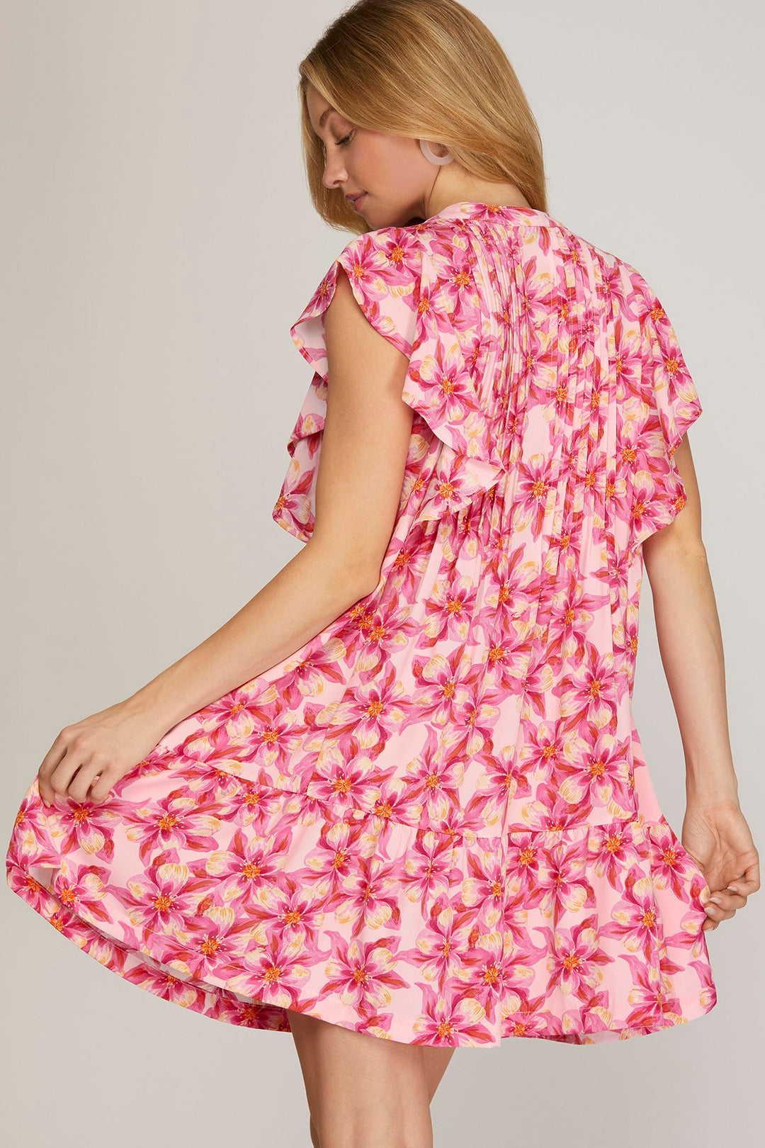 RUFFLED SLEEVE WOVEN FLORAL PRINT PINTUCK DRESS WITH SIDE POCKETS