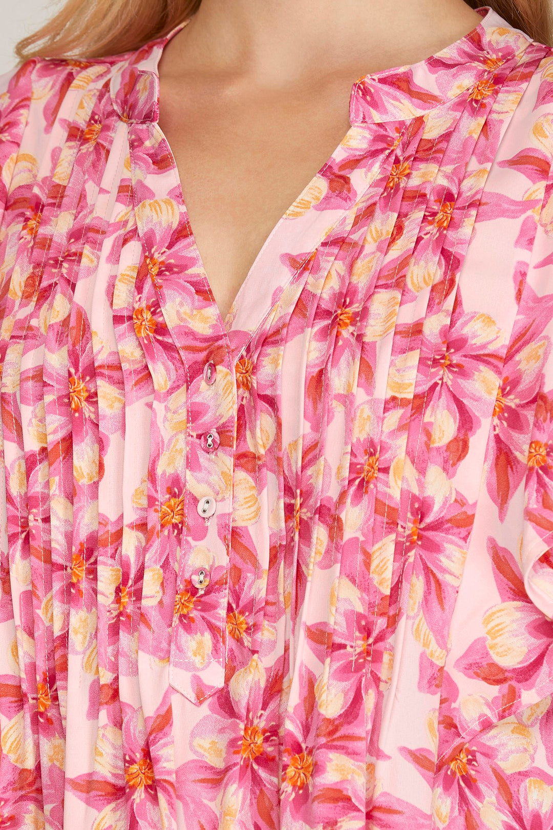 RUFFLED SLEEVE WOVEN FLORAL PRINT PINTUCK DRESS WITH SIDE POCKETS