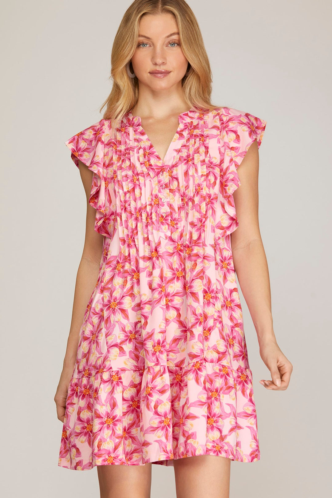 RUFFLED SLEEVE WOVEN FLORAL PRINT PINTUCK DRESS WITH SIDE POCKETS