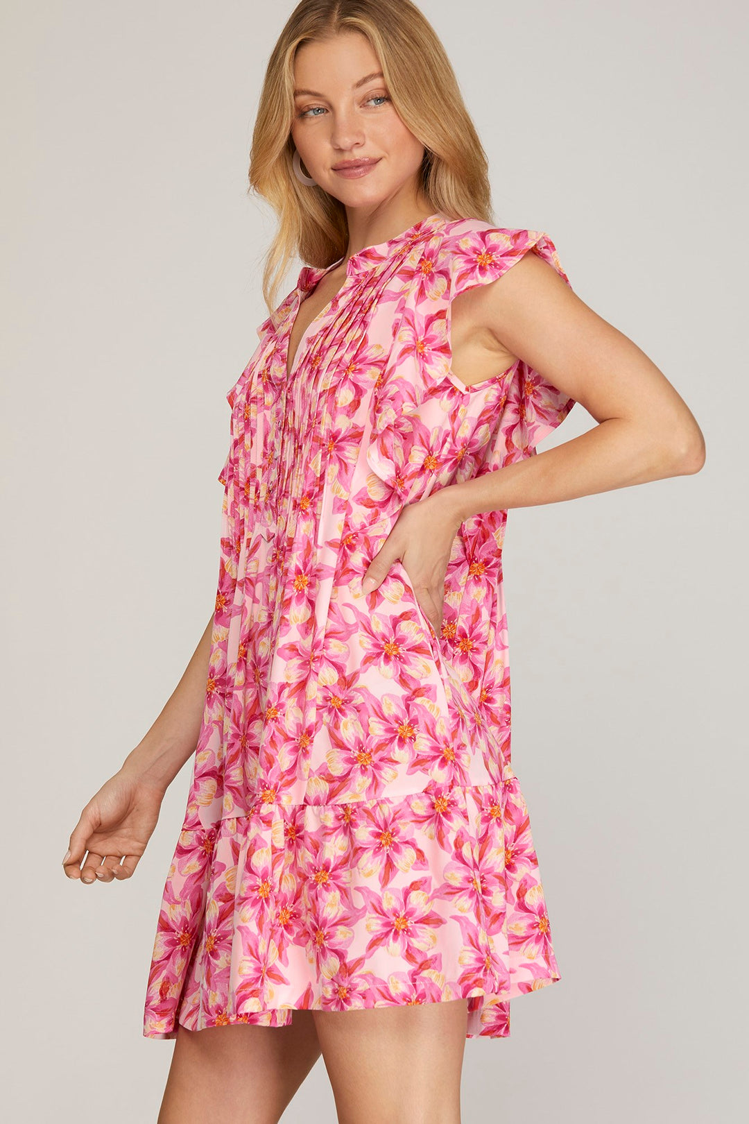 RUFFLED SLEEVE WOVEN FLORAL PRINT PINTUCK DRESS WITH SIDE POCKETS