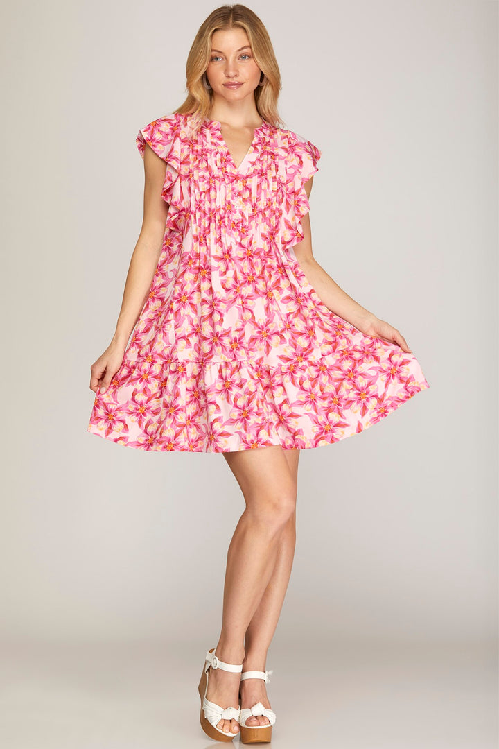 RUFFLED SLEEVE WOVEN FLORAL PRINT PINTUCK DRESS WITH SIDE POCKETS