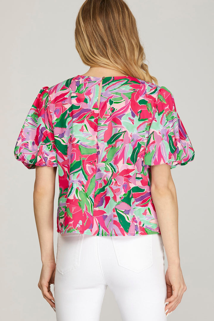 PUFF SHORT SLEEVE WOVEN FLORAL PRINT TOP