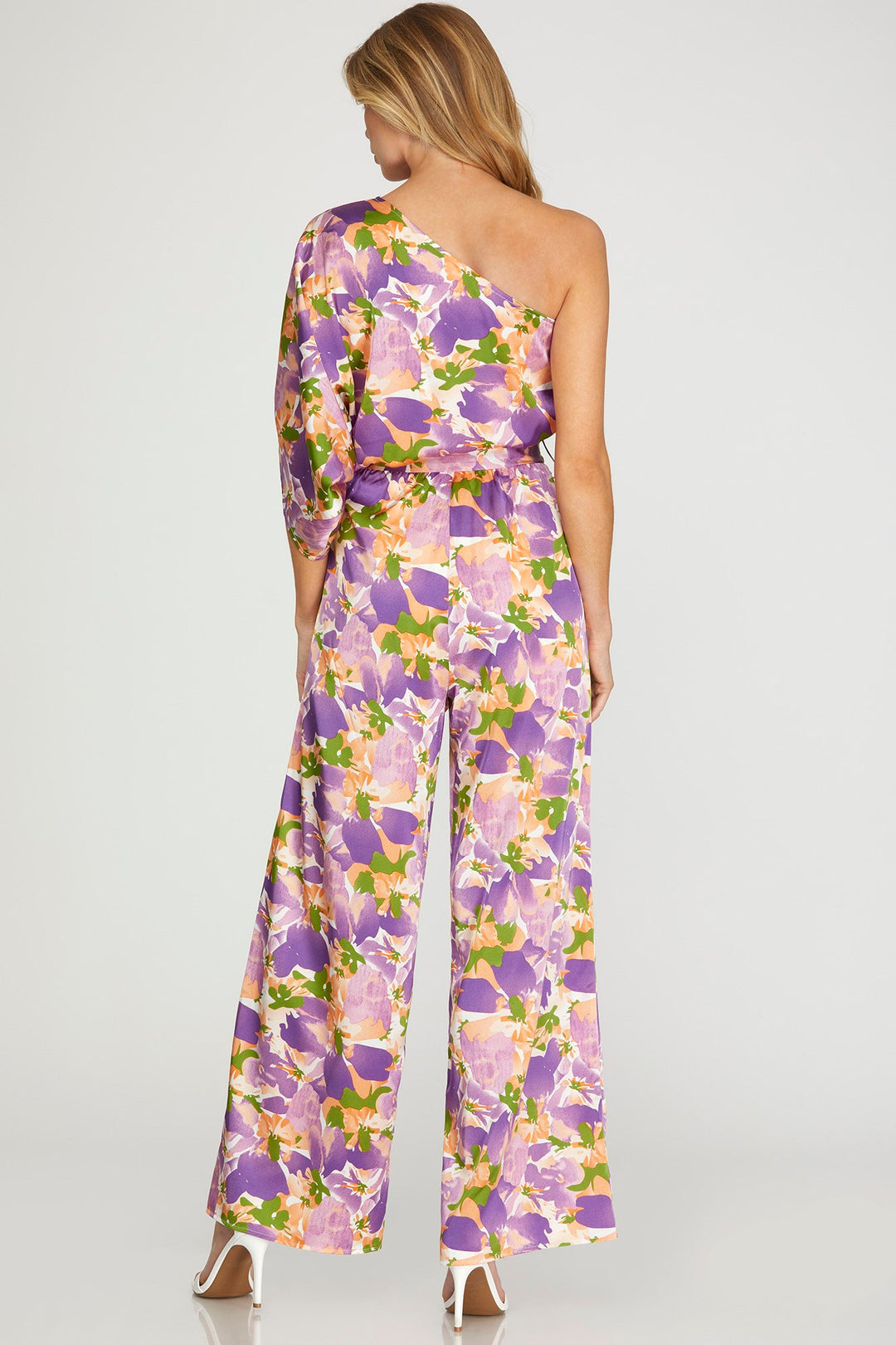 ONE SHOULDER PRINT WOVEN JUMPSUIT WITH FRONT TIE