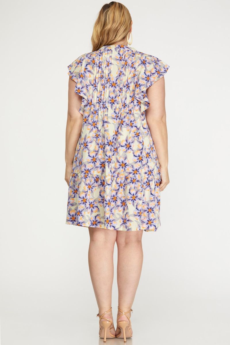 PLUS - RUFFLED SLEEVE WOVEN FLORAL PRINT PINTUCK DRESS WITH SIDE POCKETS