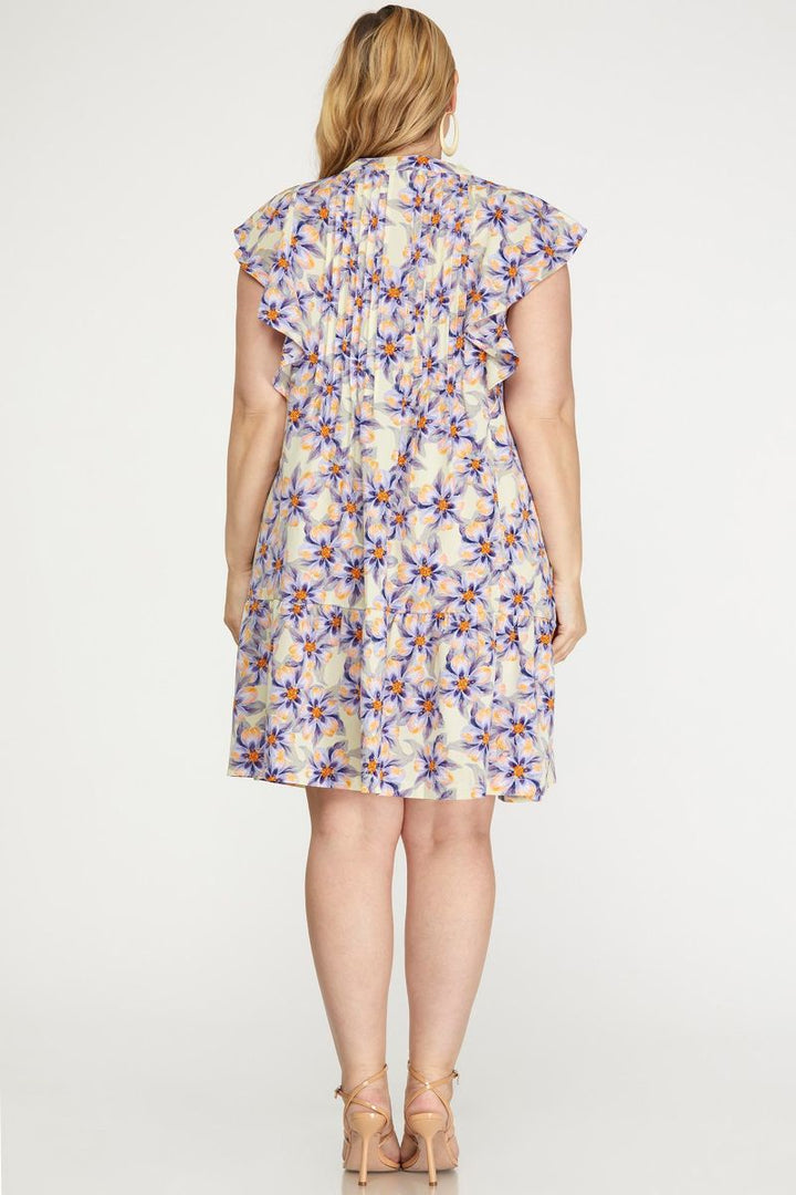 PLUS - RUFFLED SLEEVE WOVEN FLORAL PRINT PINTUCK DRESS WITH SIDE POCKETS