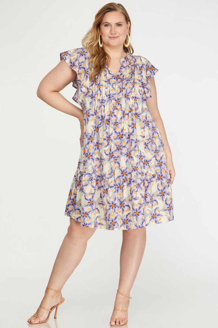 PLUS - RUFFLED SLEEVE WOVEN FLORAL PRINT PINTUCK DRESS WITH SIDE POCKETS