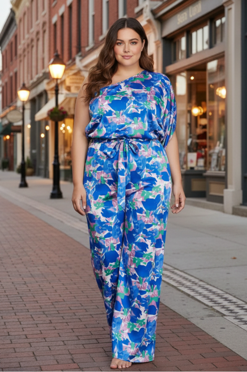PLUS SIZE ONE SHOULDER PRINT WOVEN JUMPSUIT*