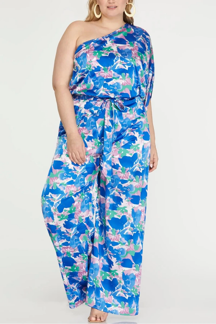 PLUS SIZE ONE SHOULDER PRINT WOVEN JUMPSUIT*