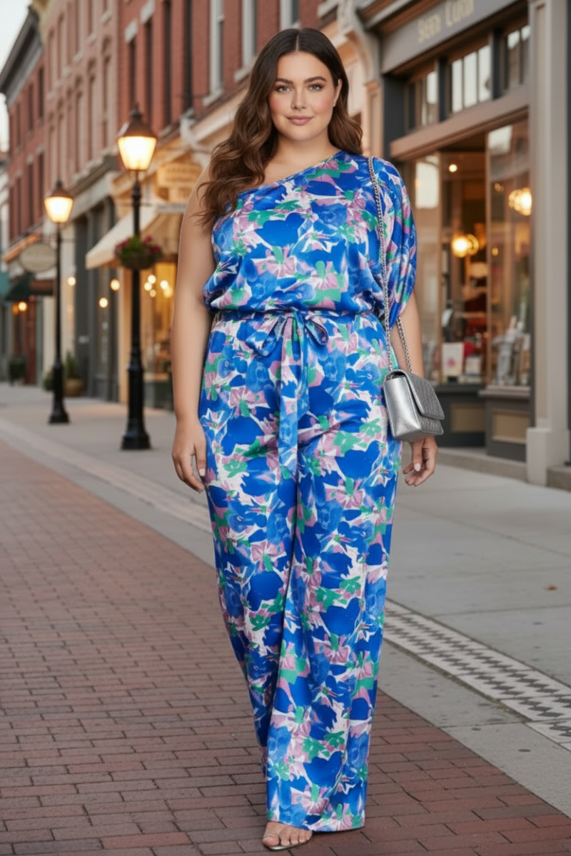 PLUS SIZE ONE SHOULDER PRINT WOVEN JUMPSUIT*