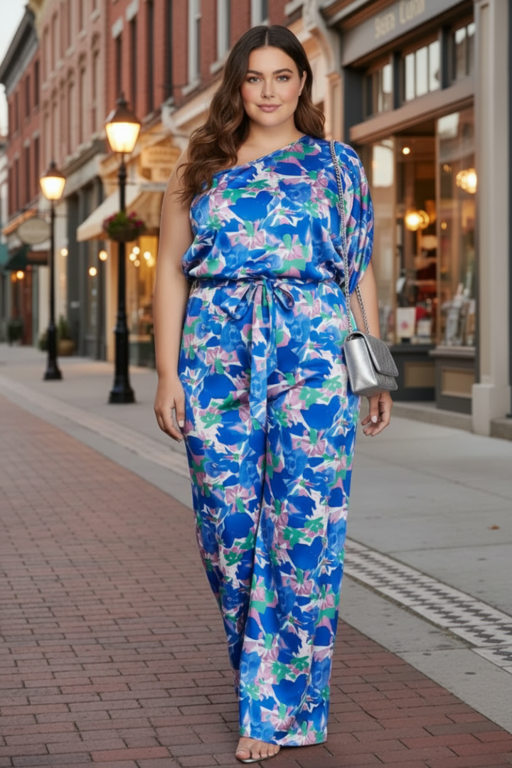 PLUS SIZE ONE SHOULDER PRINT WOVEN JUMPSUIT*