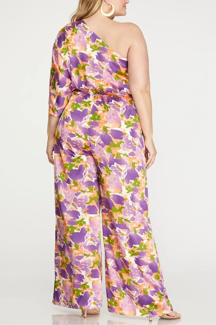 PLUS SIZE ONE SHOULDER PRINT WOVEN JUMPSUIT*