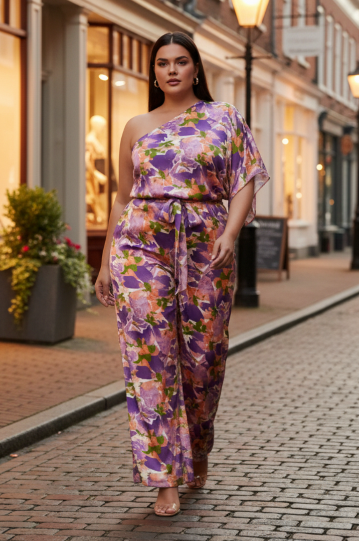 PLUS SIZE ONE SHOULDER PRINT WOVEN JUMPSUIT*