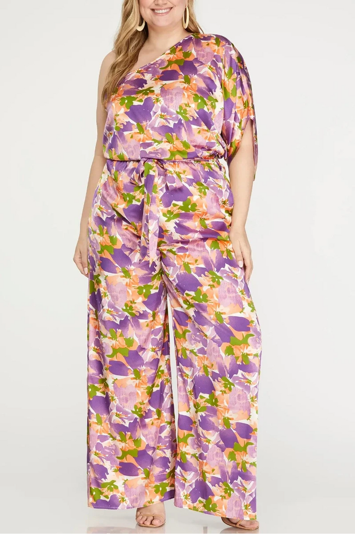 PLUS SIZE ONE SHOULDER PRINT WOVEN JUMPSUIT*
