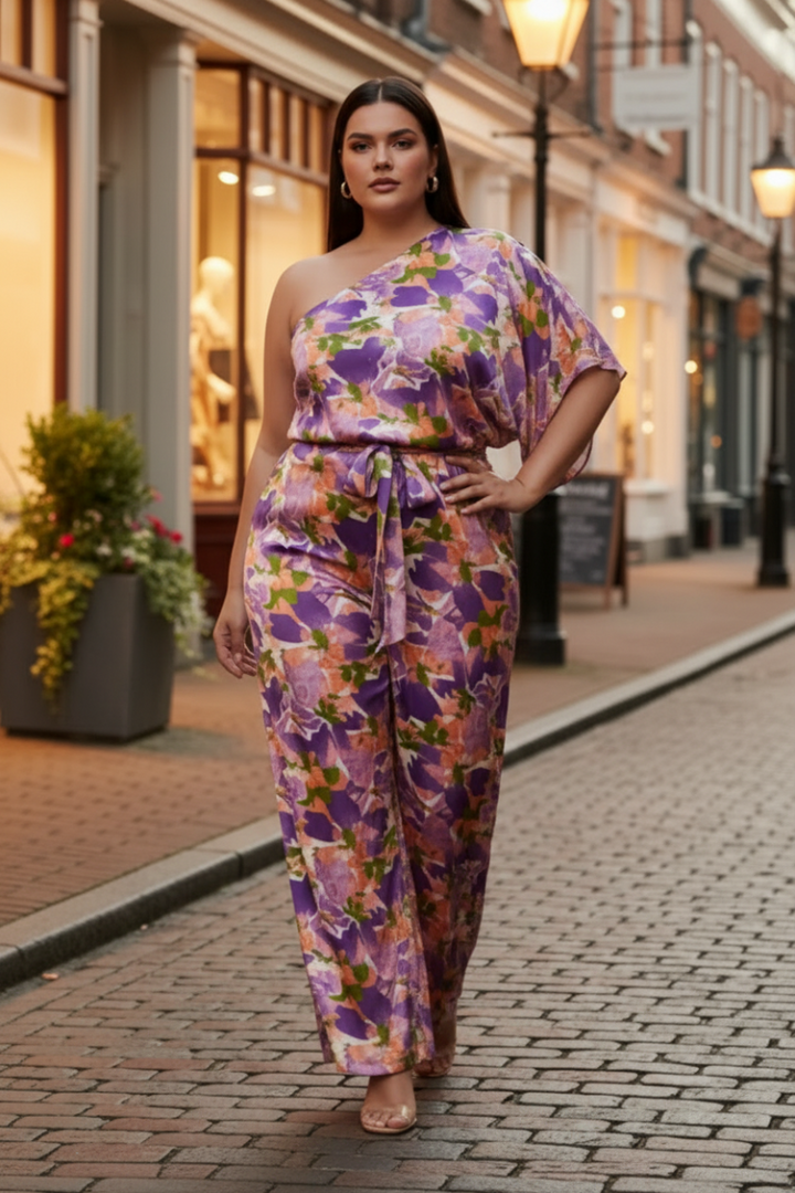 PLUS SIZE ONE SHOULDER PRINT WOVEN JUMPSUIT*