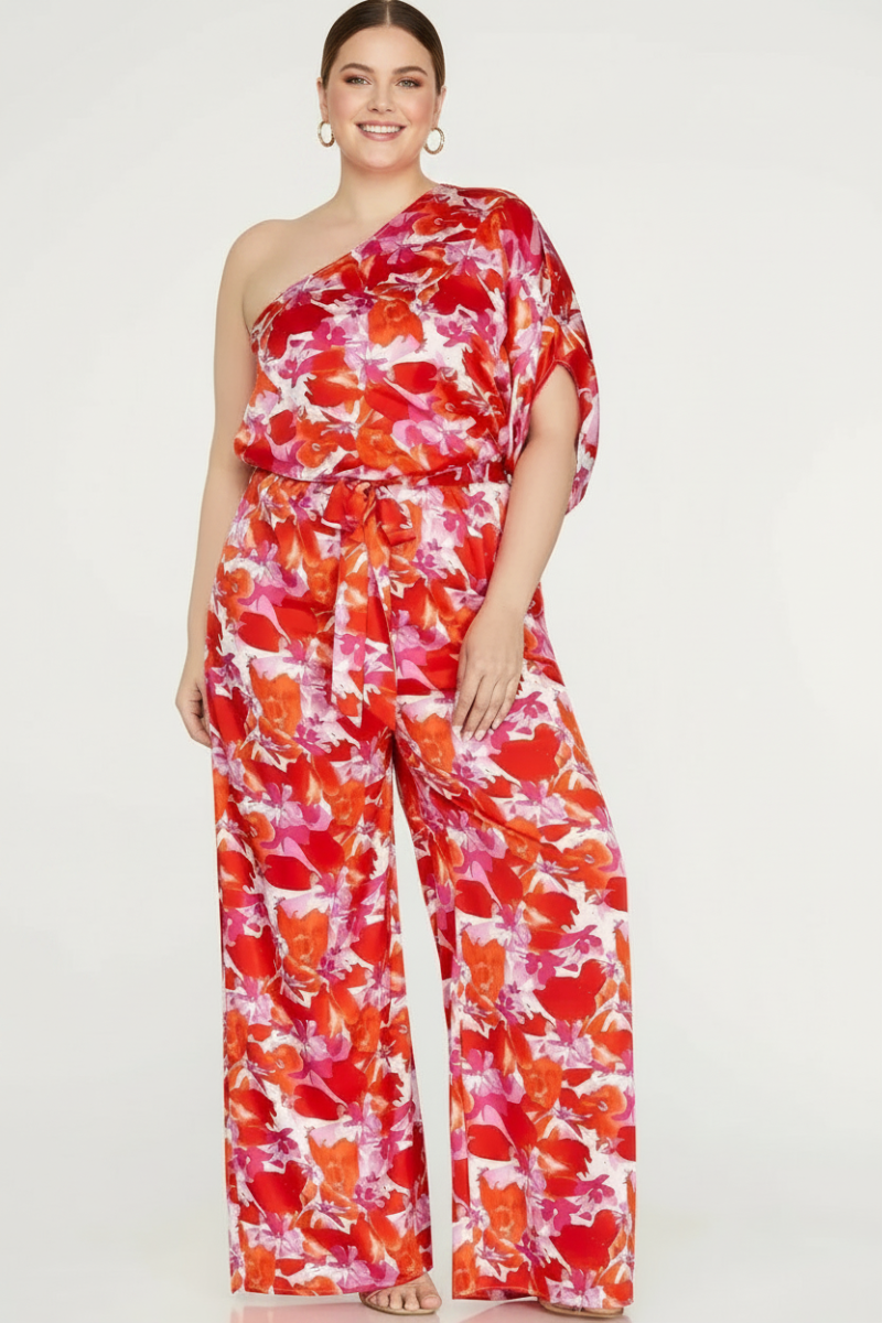 PLUS SIZE ONE SHOULDER PRINT WOVEN JUMPSUIT*