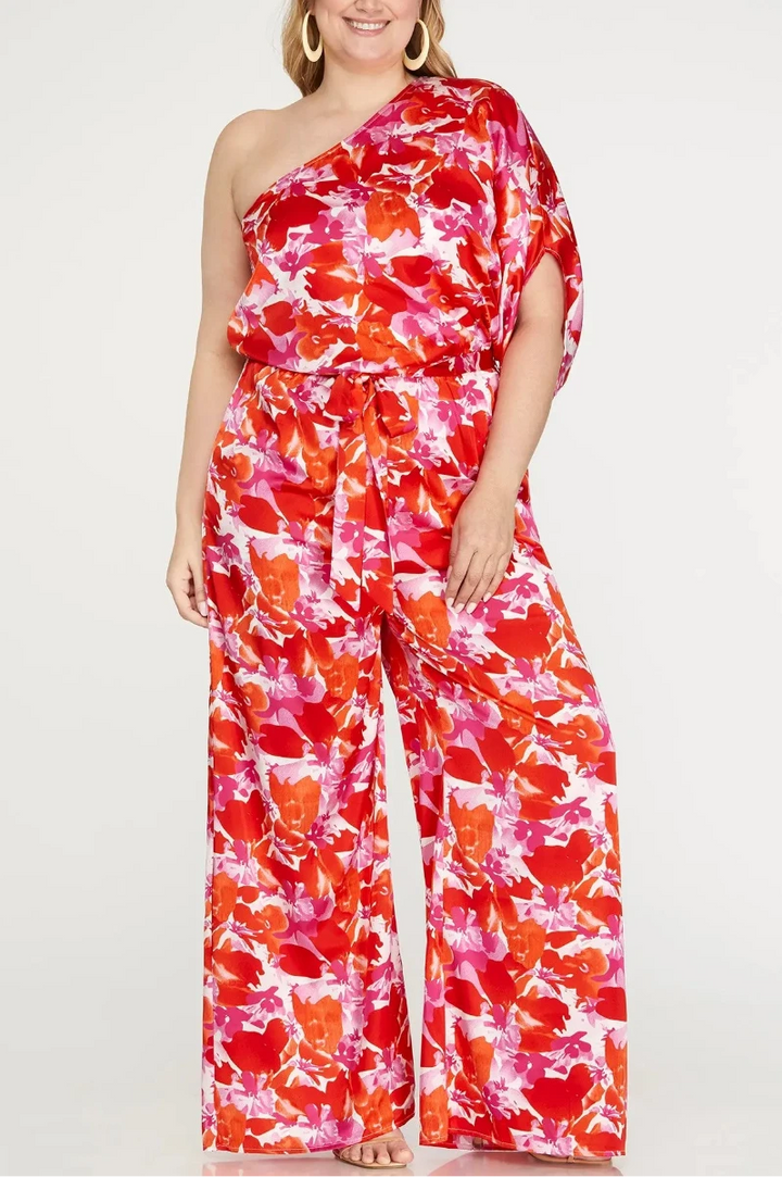 PLUS SIZE ONE SHOULDER PRINT WOVEN JUMPSUIT*