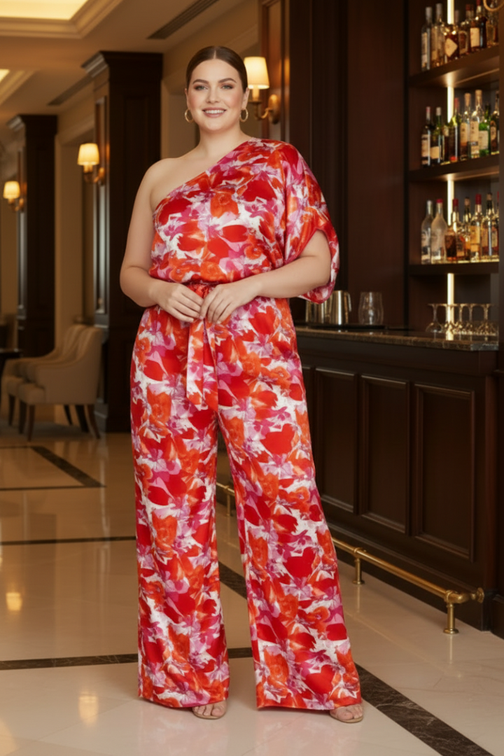 PLUS SIZE ONE SHOULDER PRINT WOVEN JUMPSUIT*
