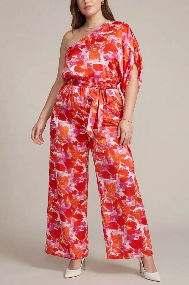 PLUS SIZE ONE SHOULDER PRINT WOVEN JUMPSUIT*
