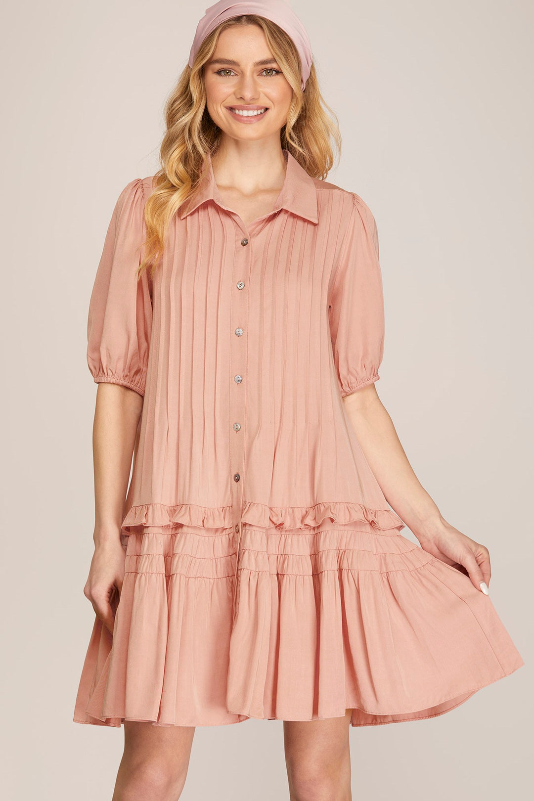 SHORT SLEEVE TIERED BUTTON DOWN SHIRT COLLARED WOVEN DRESS