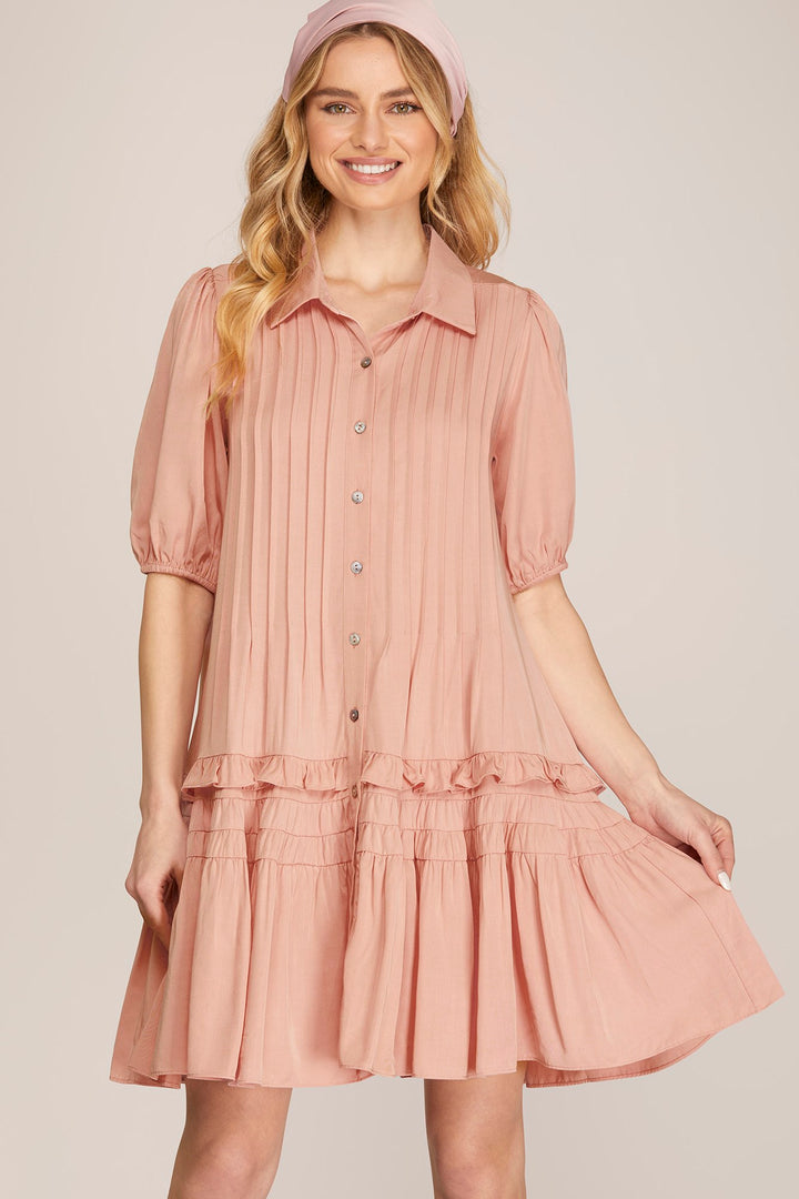 SHORT SLEEVE TIERED BUTTON DOWN SHIRT COLLARED WOVEN DRESS