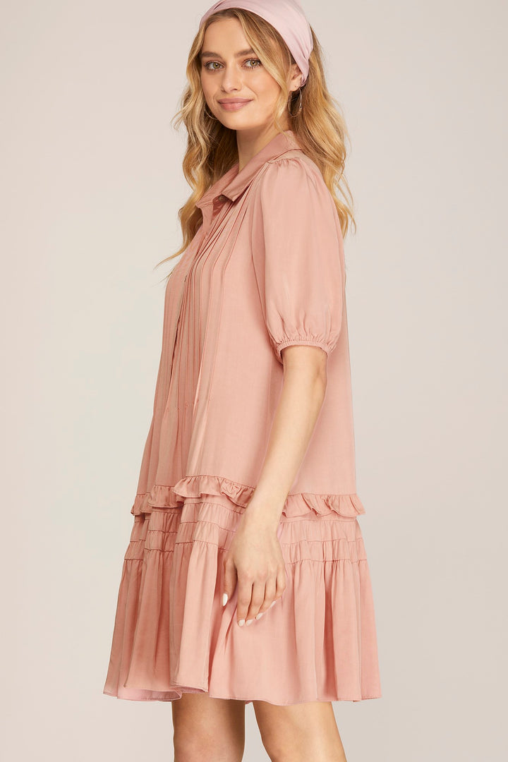 SHORT SLEEVE TIERED BUTTON DOWN SHIRT COLLARED WOVEN DRESS