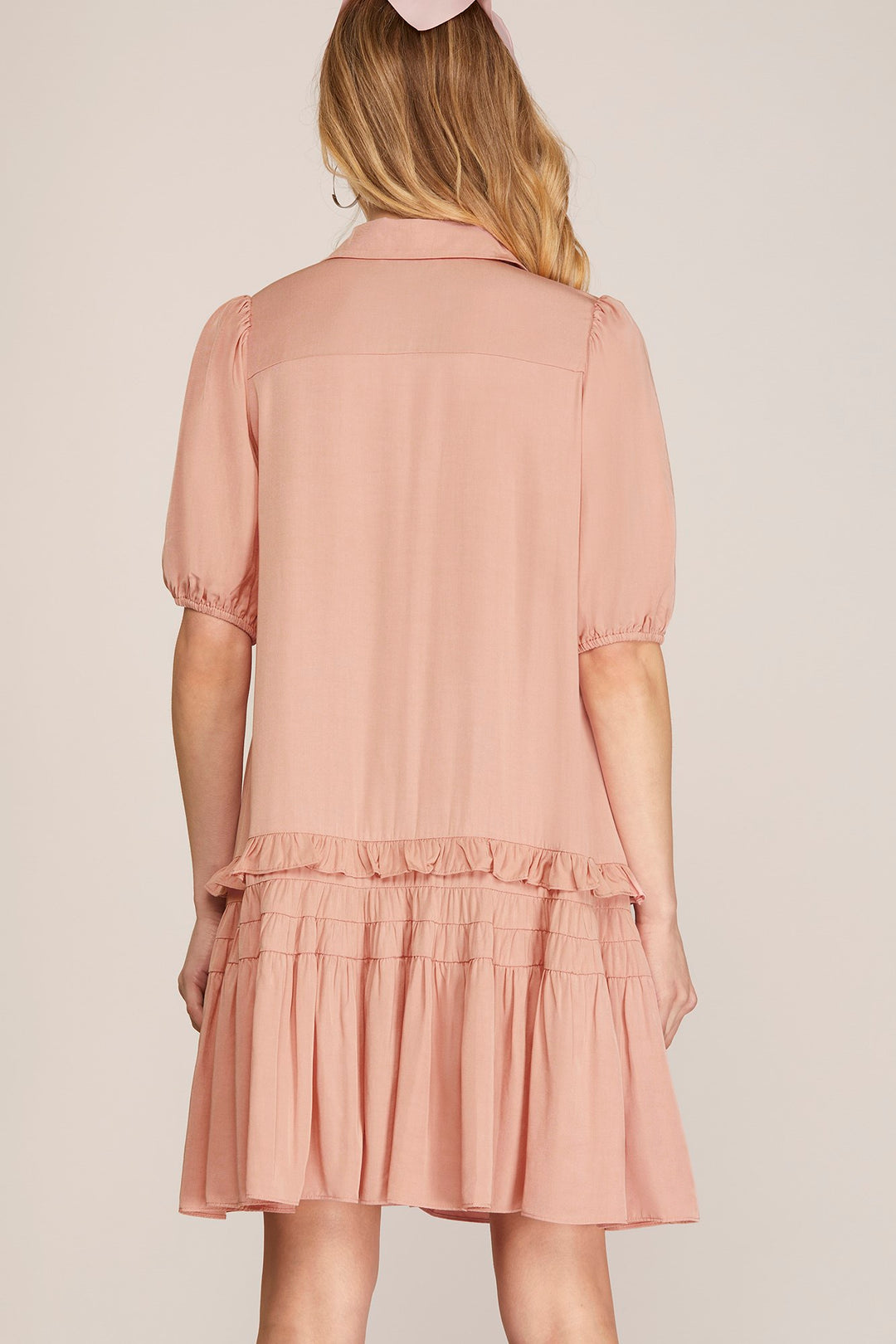 SHORT SLEEVE TIERED BUTTON DOWN SHIRT COLLARED WOVEN DRESS