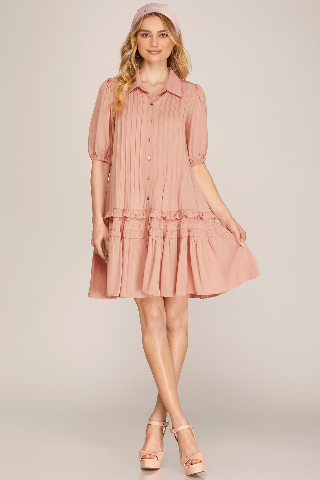 SHORT SLEEVE TIERED BUTTON DOWN SHIRT COLLARED WOVEN DRESS