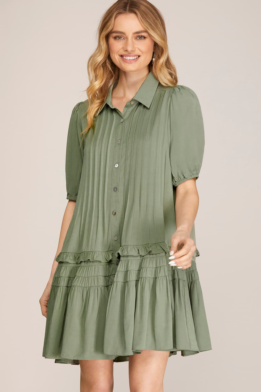 SHORT SLEEVE TIERED BUTTON DOWN SHIRT COLLARED WOVEN DRESS